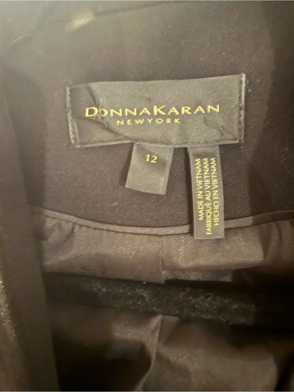 Donna Karan Black Collarless Longline Blazer with Gold Accent Size12